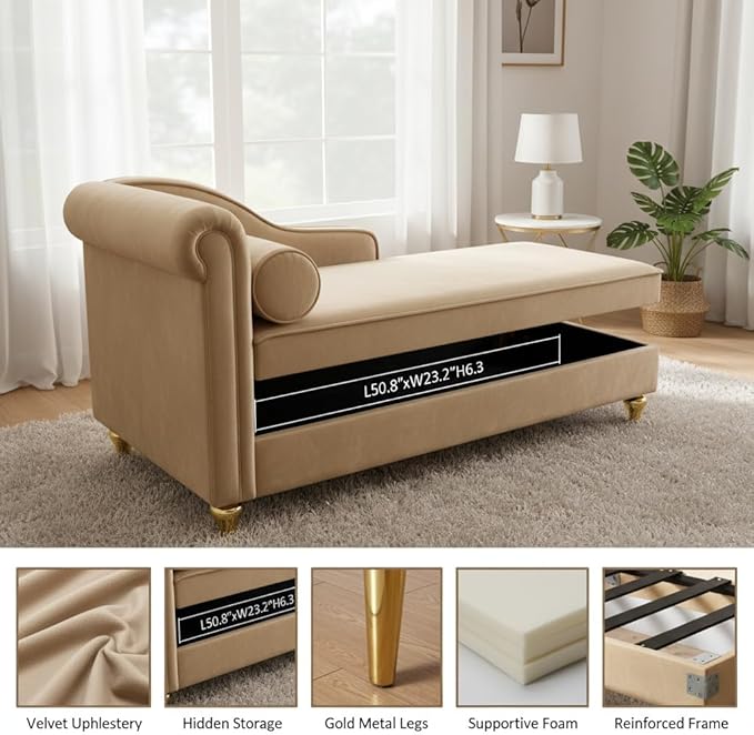 60.6 Modern Storage Chaise Lounge IndoorVelvet Upholstery Sofa Chair with1 Toss PillowsUpholstery Lounge Sofa with Gold Metal Legs for Small ApartmentLiving RoomOfficeReception AreaKhaki
