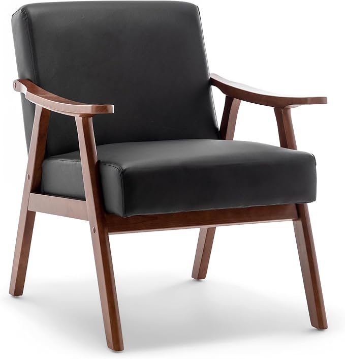 Mid Century Accent Chair Boho Farmhouse Accent Chairs for Living Room Retro Single Lounge Reading Armchair with Solid Wood Frame (Faux Leather in Black)