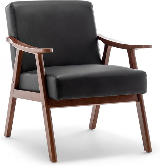 Mid Century Accent Chair Boho Farmhouse Accent Chairs for Living Room Retro Single Lounge Reading Armchair with Solid Wood Frame (Faux Leather in Black)