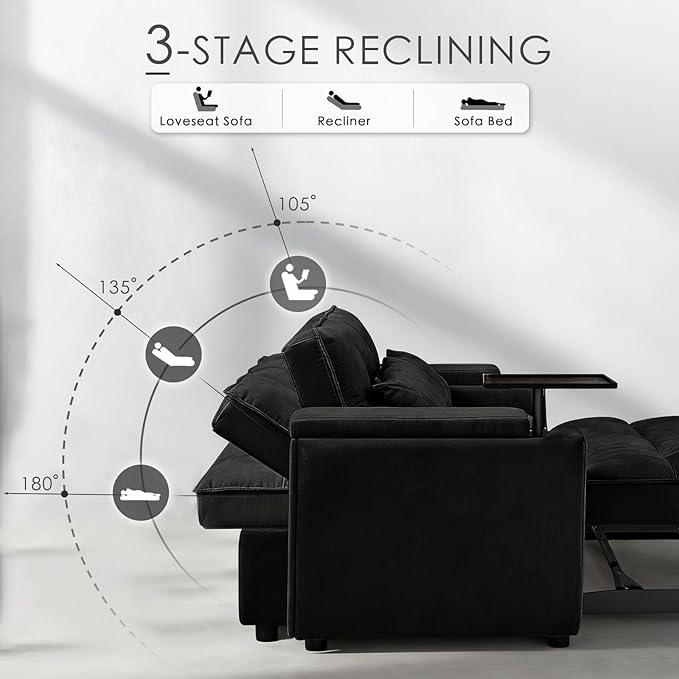 Dreamzie 65'' 3 in 1 Convertible Sleeper Sofa Bed Chenille Pull Out Couch for Living Room with 90° Swivel Side Table Loveseat Sleeper with Charging Port | Side Pocket | Cup Holders Black