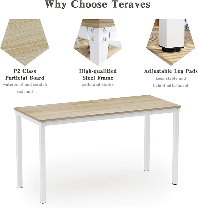 Teraves Computer Desk/Dining Table Office Desk Sturdy Writing Workstation for Home Office (39.37“ Beige + White Frame)