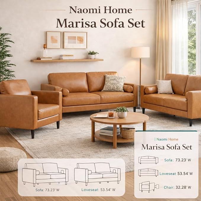 Naomi Home Marisa - Genuine Cowhide Leather Sofa - Mid-Century Modern Apartment 3-Seater Couch - Plush Foam Comfort &amp Sturdy Wood Frame