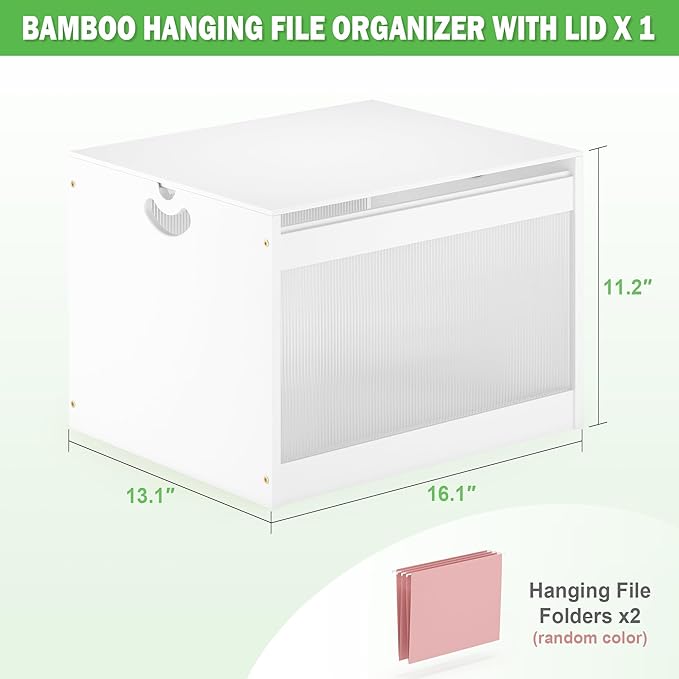 Hanging File Box Organizer for Letter Size Bamboo Acrylic File Folder Storage with Lid Clear Moving Boxes Wooden with Handle Desktop Wood Filing Holder for Office Banker Document White 1 Pack