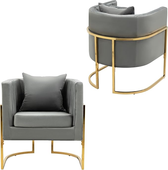 Velvet Modern Accent Chair Upholstered Barrel Armchair Mid Century with Pillow for Living Room Comfy Single Vanity Chair with Metal Gold Legs for Bedroom Grey