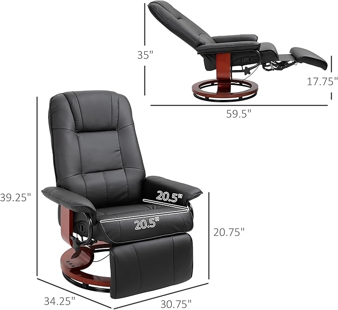 Faux Leather Manual Recliner Adjustable Swivel Lounge Chair with Footrest Armrest and Wrapped Wood Base for Living Room Black