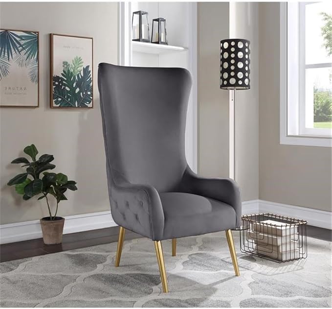 Meridian Furniture 536Grey Alexander Collection Modern | Contemporary Velvet Upholstered Accent Chair with Sturdy Gold Metal Legs and Deep Button Tufting on Back 27 W x 33 D x 51 H