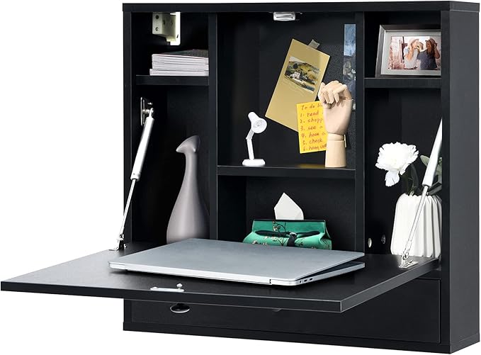 COSTWAY Wall-Mounted Computer Desk Floating Desk with Storage Drawer &amp Shelves Fold-up Desktop &amp Pneumatic Springs Ideal for Home Office Dormitory Small Spaces (Black)