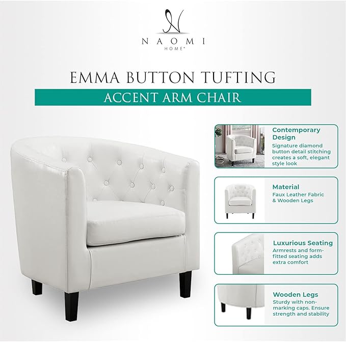 Naomi Home Emma Faux Leather Barrel Accent Chair – Modern Tufted Faux Leather Armchair with Wooden Legs Wide Seat Enhanced Back Support for Living Room Décor