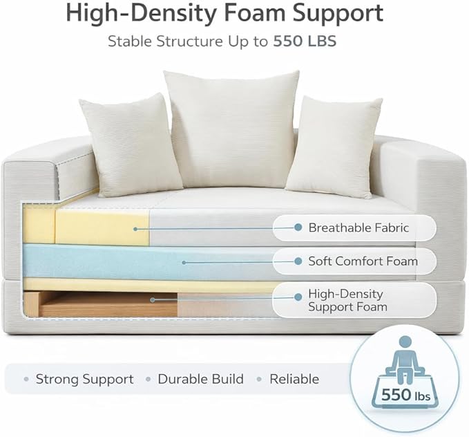 Convertible Round Sofa Bed 67 Corduroy Upholstered Loveseat Sleeper Couch Pull-Out Floor Bed with 3 Pillows No Assembly 550 lbs Weight Capacity (Beige)