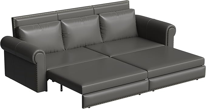 93.7 Faux Leather Convertible Sleeper Sofa 3 in 1 King Size Pull Out Sofa Bed Loveseat Couch for Living Room Bedroom Grey