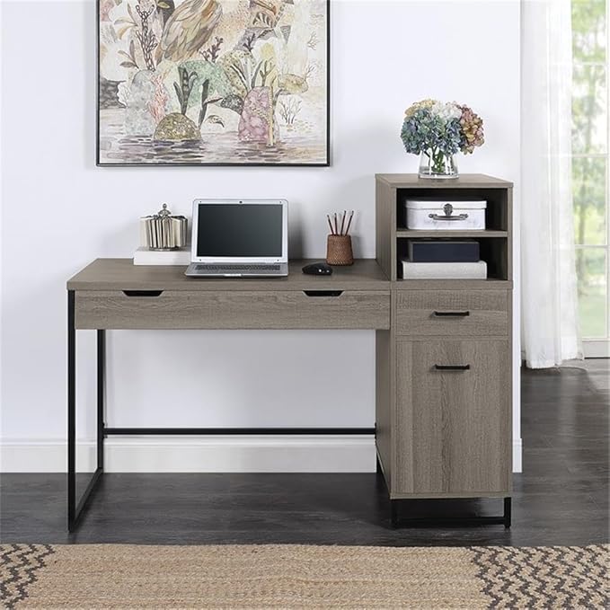 Pemberly Row Lane Worksmart Sit-to-Stand Desk Farm Oak Engineered Wood Adjustable Height with Hutch 54 W x 20.25 D x 42.5 H Storage Shelves Desk Drawer Home Office Organization