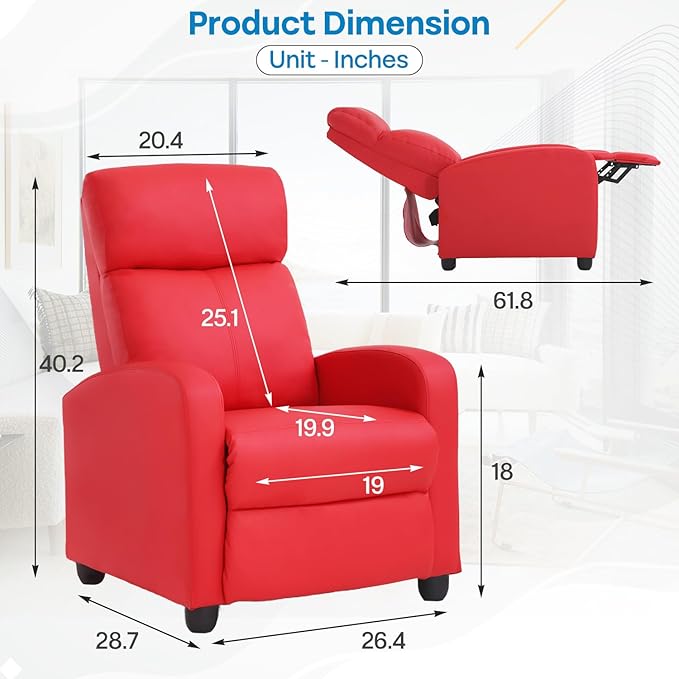 Recliner Chair Living Room Chair PU Leather Reclining Sofa Lounge Home Theater Seating with Lumbar Support Overstuffed High-Density Sponge Push Back Recliners Armchair for Living Room Red