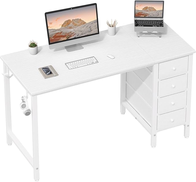 DLisiting 47 inch Desk Fabric Drawers - White Office Vanity Modern Cute PC Writing White Desk with Storage for Bedroom Home Office Computer Desks for Girls Teens Childrens