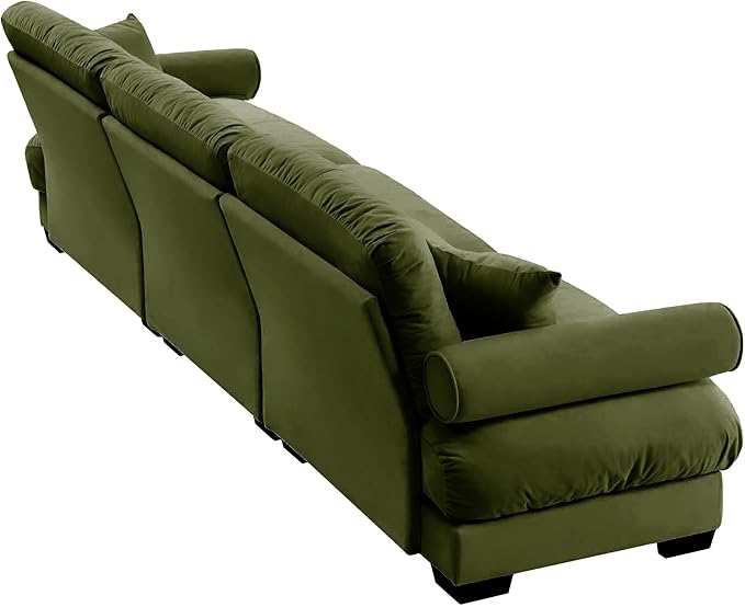 Extra Large 3-Seat Modern Velvet Sofa with Olive Green Vintage Fabric Cloud-Like Comfort Waist &amp Throw Pillows Included