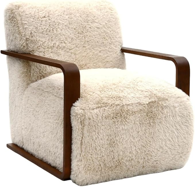 Comfortable Faux Fur Reading ChairModern Luxury Accent Chair Side Chairs with Curved Wooden Armrests for ApartmentLiving RoomOfficeStudyBeige