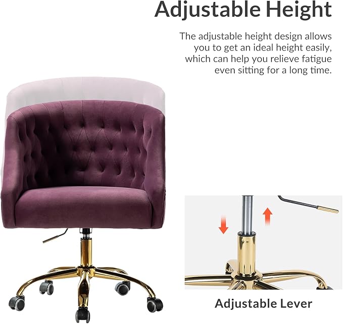 Velvet Office Chair with Gold Base Modern Cute Desk Chair Comfortable Adjustable Swivel Task Chair for Home Office Living Room Bedroom Vanity Study