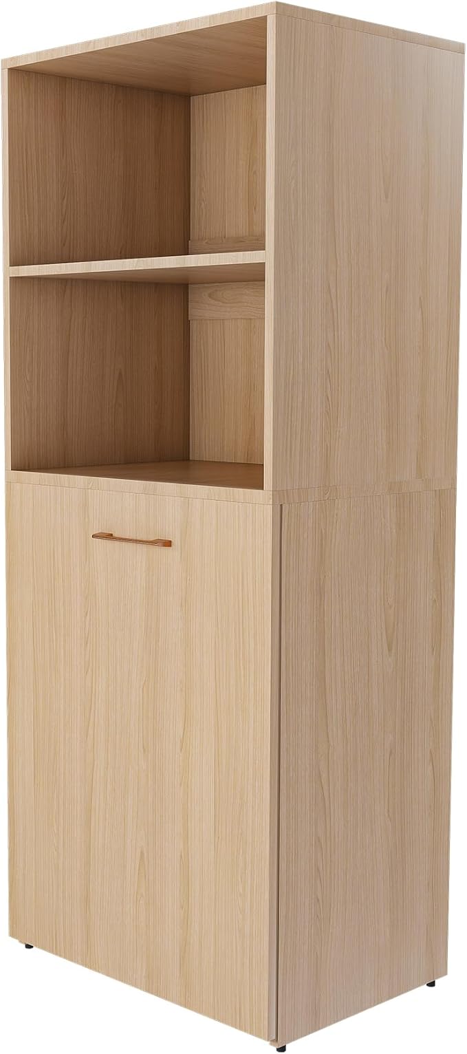 Fold Out Desk with Storage Shelves Convertible Murphy Table Mid Century Pull Out Home Office Desk with Mobile Wheels Hidden Writing Desks for Small Spaces (Natural Wood)