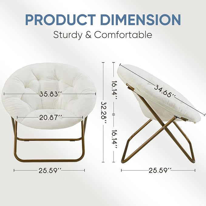 DUMOS Comfy Saucer Chair Faux Fur Lounge Seasting XL Circle Chair for Bedroom Dorm &amp Gaming Foldable Fashion Accent Seat for Small Spaces Folding Moon/Mushroom/Round Oversized StyleWhite