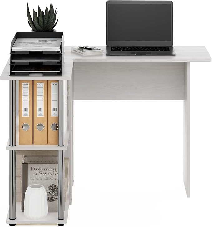 Furinno Abbott L-Shape Desk with Bookshelf White Oak/Chrome