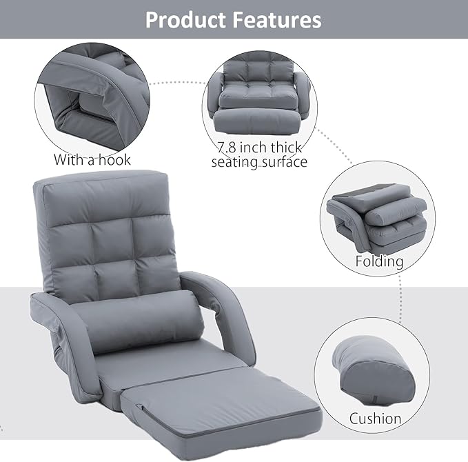 FLOGUOR 14-Position Adjustable Floor Chair Chaise Lounge Indoor Folding Lazy Sofa with Armrests and a Pillow Padded Adults Gaming Chairs for Living Room Bedroom Factory Price8803 (Grey（PU）)