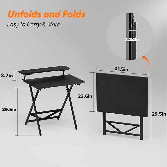 WOHOMO Folding Computer Desk with Adjustable Height 23.6 x 31.5 x 25.6 Foldable Table with Monitor Stand Small Office Desk for Bedroom Space Saving Desk for Home Office Easy Assemble Black