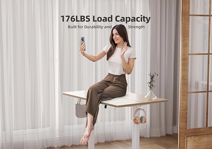 YDN Electric Standing Desk Adjustable Height 48 x 24 Inches Stand up Desk with Cable Management Home Office Desks with Splice Board &amp White Frame Nature Top