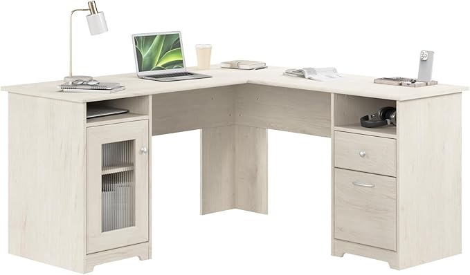Bush Home Cabot 60W L Shaped Computer Desk with Storage in Linen White Oak 60-inch Corner Table with Drawers for Home Office Workspace