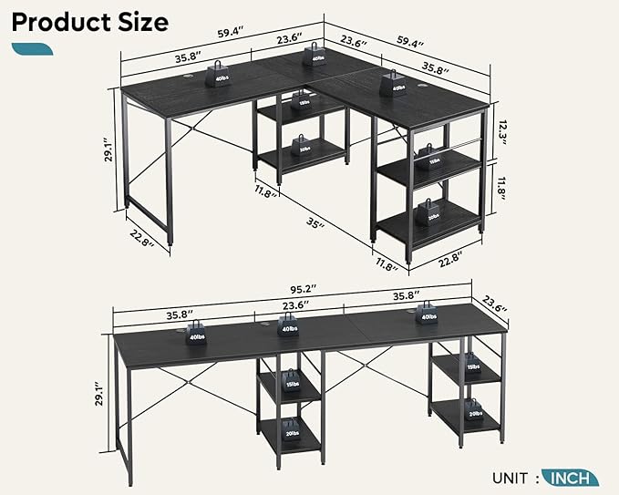 Bestier 95.2” L Shaped Desk Reversible Corner Computer Desk or 2 Person Long Table with Adjustable Shelves Large Writing Study Workstation with 3 Cable Holes - Black