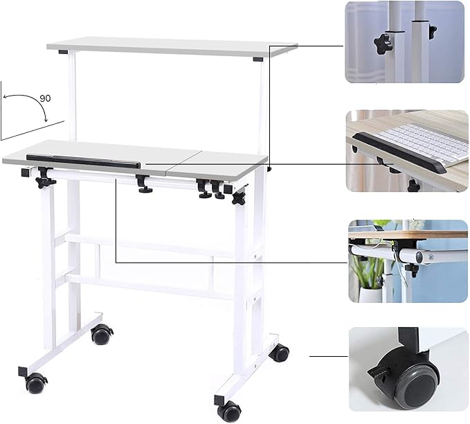 DlandHome Adjustable Rolling Sit-Stand Desk Mobile Computer Desk Stand Up Workstation White