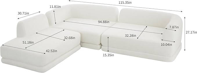 Merax 115 Modern L-Shaped Sectional Sofa with High-Density Fully Compressed Sponge and Chaise Lounge Deep Seating 3-Piece Set Fully Assembled Right Hand Facing for Living Room Lounge Beige
