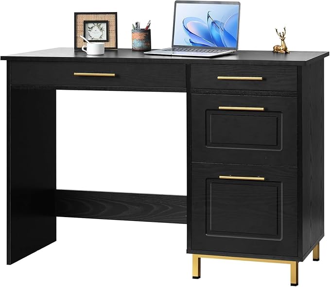 4 EVER WINNER Black Desk with Drawers Modern Home Office Desks with Golden Handles and Drawers Computer Table for Small Spaces Black and Gold Desk