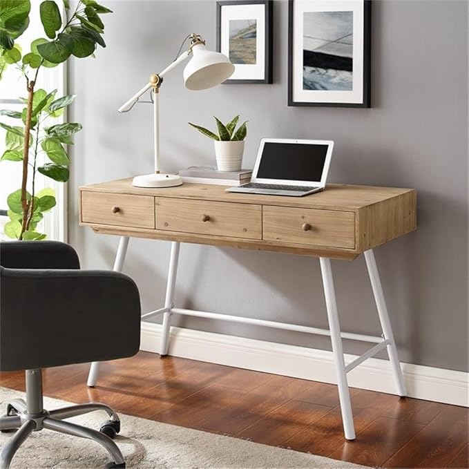 Riverbay Furniture Modern Wood and Metal Desk 44 w x 22.75 d x 30 h Fir Wood Top Powder-Coated White Iron Base 3 Storage Drawers Leveling Legs Home Office or Craft Workspace