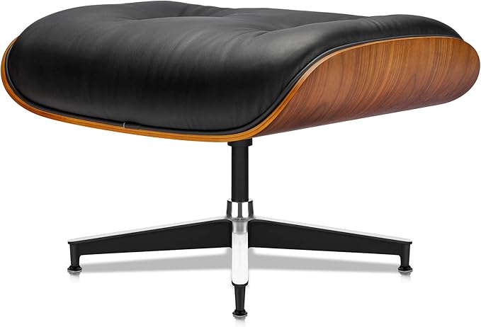 Top Black Grain Leather Mid Century Chaise Lounge Chair and Ottoman Modern Chair Classic Design Walnut Wood Heavy Duty Base Support for Living Room Office