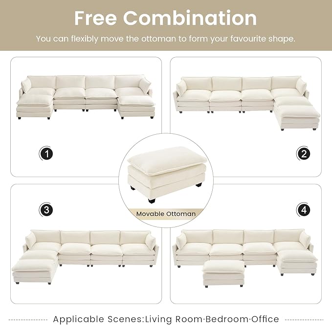 ROWHY Oversized Modular Sectional Couch with 2 Movable Ottoman 148 Modern Convertible U Shaped Sofa Set 4 Seat Comfy Cloud Couch with 2 Throw Pillows for Living Room and Office Chenille Beige