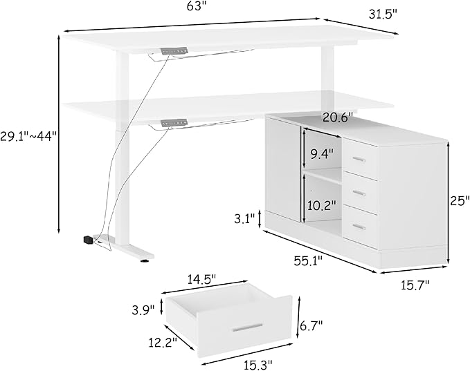 63 W L Shaped Standing Desk with Cabinet Electric Height Adjustable &amp Reversible Corner Computer Desk with Drawers &amp Storage Shelves for Home Office White