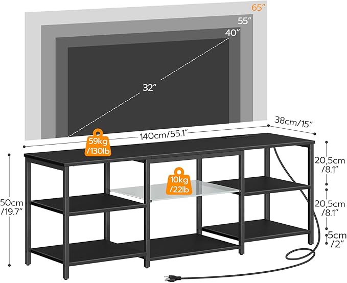 HOOBRO LED TV Stand for 65 Inch TVs with Charging Station Gaming Entertainment Center with 3-Tier Open Storage Long Media TV Console Table TV Stand for Living Room Bedroom Black BB20UDDS01