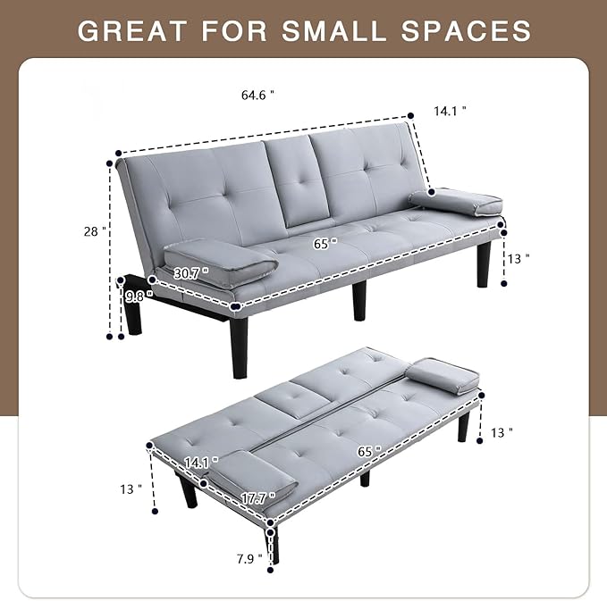 67 Futon Sofa BedConvertible Sofa Bed with 2 Cup HoldersSleeper Couch PVC Leather Removable Soft Armrest Small Couch for Living Room Apartments ﻿ (Light Gray)