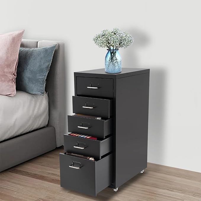 5-Drawer File Cabinet Office Filing Cabinet Stand Storage Organizer with Wheels Freestanding Rolling Storage Dresser Mutifuctional Tool Organizer for Kitchen Bedroom Living Room (Black)