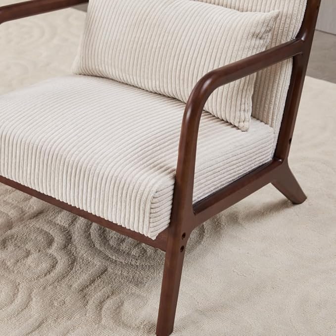 Mid Century Modern Accent Chair with Side Table Upholstered Corduroy Armchair with Lumbar Pillow Solid Rubberwood Frame for Living Room Bedroom Reading Nook White/Walnut