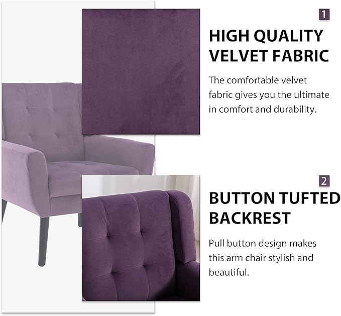 Dolonm Midcentury Modern Velvet Accent Chair with Arms Upholstered Reading Side Chair Tufted Back Decorative Wingback Chair for Living Room Bedroom (Lavender Purple)