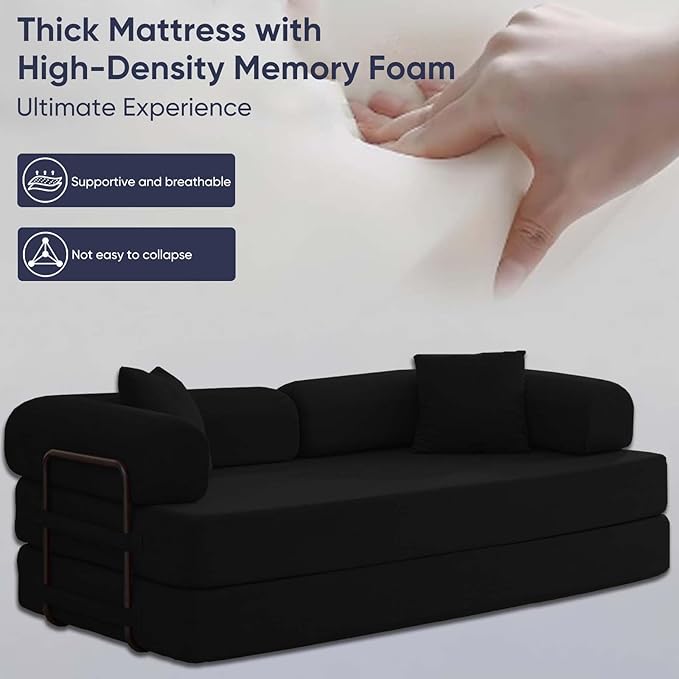 ijuicy 4-in-1 King Convertible Floor Sofa Bed w/ 2 PillowModular Sleeper Sofa/Folding Futon Couch Bed w/Cylindrical Backrest and Fixed FrameLounge CouchCorduroy Compression Sofas for Home-Black