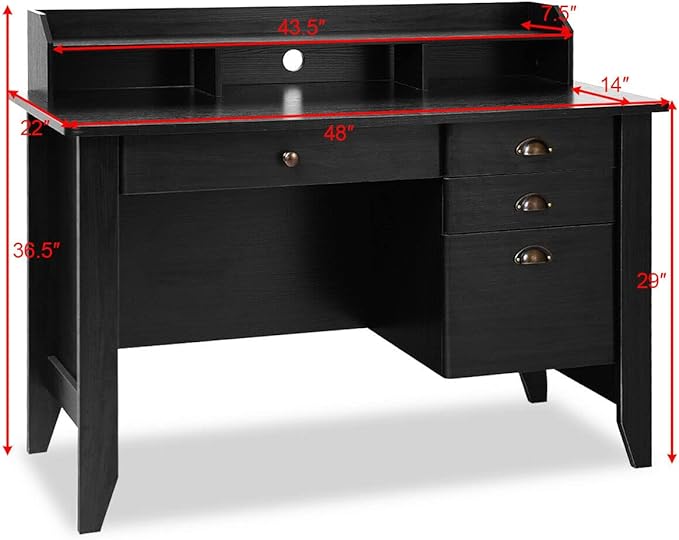 GRAFFY Wooden Computer Desk 4 Storage Drawers &amp Bookshelf Executive Study Desk Table Writing Study Desk Home Office Vintage Desk (Black)