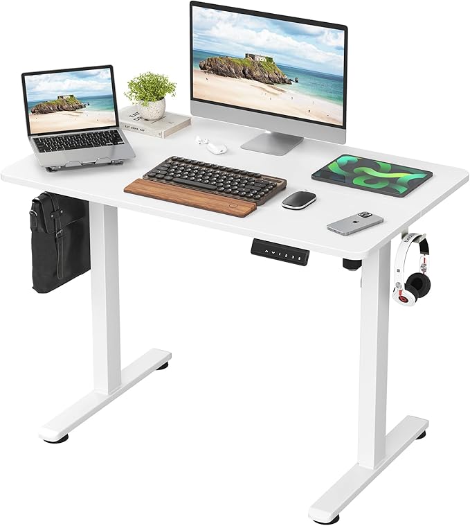 Standing Desk 40x24 Inch Sit Stand Desk Electric Height Adjustable Home Office Desks with Splice Board Ergonomic Rising Modern Lift Motorized Gaming Desktop Workstation (White)