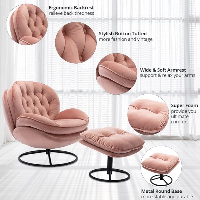 Velvet Swivel Accent Chair with Ottoman Set Modern Lounge Chair with Metal Base Frame &amp Footrest Comfortable Single Leisure Sofa Chair Reading Chair with 360 Degree Swiveling for Living Room Pi