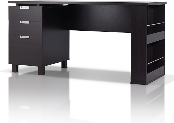 Furniture of America Collin Modern 3-Drawer and 2 Magazine Racks Wood 60-inch Office Desk with Built-in File Cabinet for Study Room Home Office Espresso