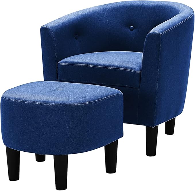 Devion Furniture 57 H Transitional Polyester Fabric Upholstered Button Tufted Accent Chair with Ottoman Easy Assembly for Living Room/Home Office in Blue &amp Black Finish