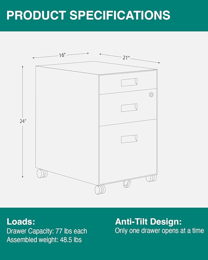 3 Drawer File Cabinet with Lock - Under Desk Metal Filing Cabinet Legal/Letter File Folders Wheels Fully Assembled White/Gray