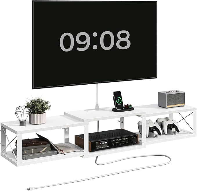 62.5 Floating TV Stand with Power Outlet Wall-Mounted Entertainment Center for 75 inch TVs Floating Media Console Shelf for Under TV Storage for Living Room Bedroom White TVWT102E01