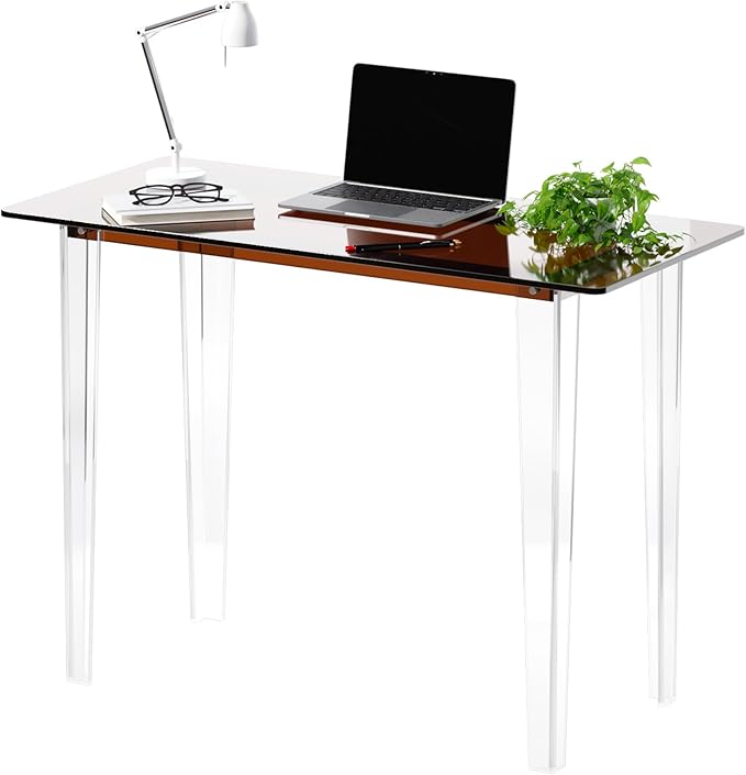 Modern Acrylic Desk for Home Office - Multi-Purpose Study Table with Extended Surface Sturdy Lightweight Design Transparent Amber Console &amp Entryway Table (42.5 Inch)