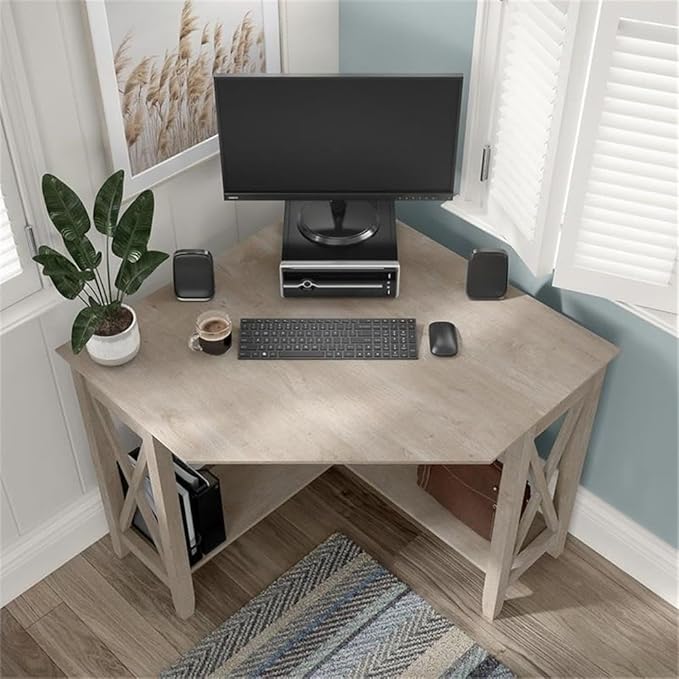 Pemberly Row Small Corner Desk 34 in x 34 in x 30 in Engineered Wood Washed Gray Finish Built-in Wire Management Grommet Casual Coastal Farmhouse Style Home Office Furniture for Compact Areas